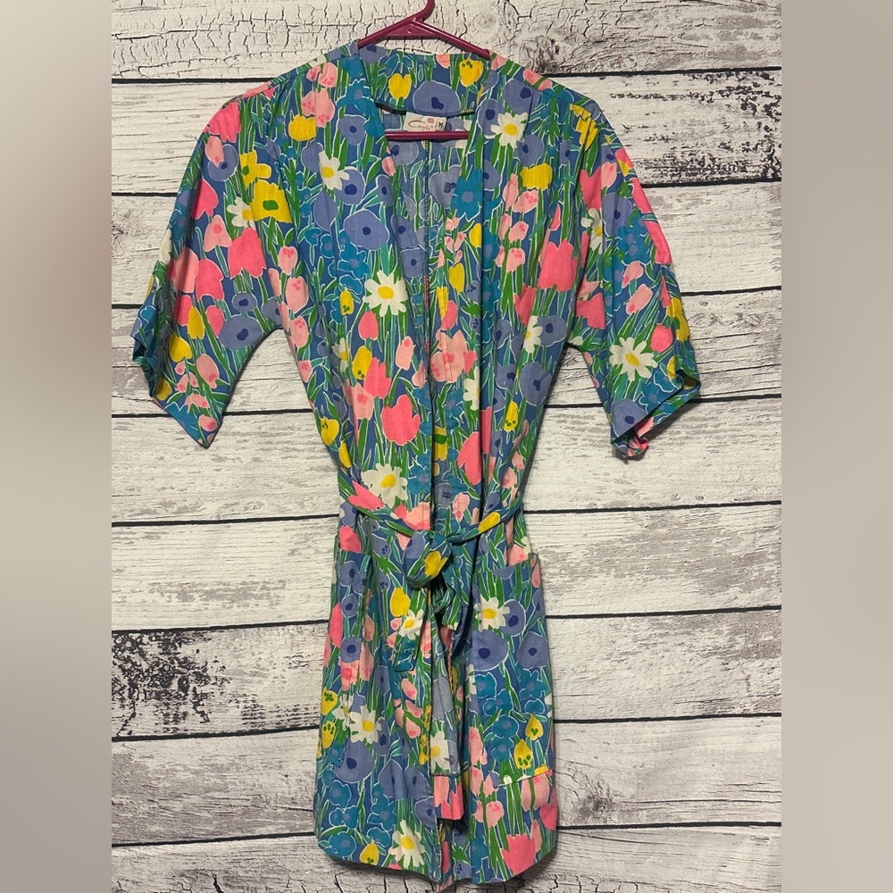 Ceeb of Miami Floral Belted Robe / Cover Up M Colorful Retro Garden Print